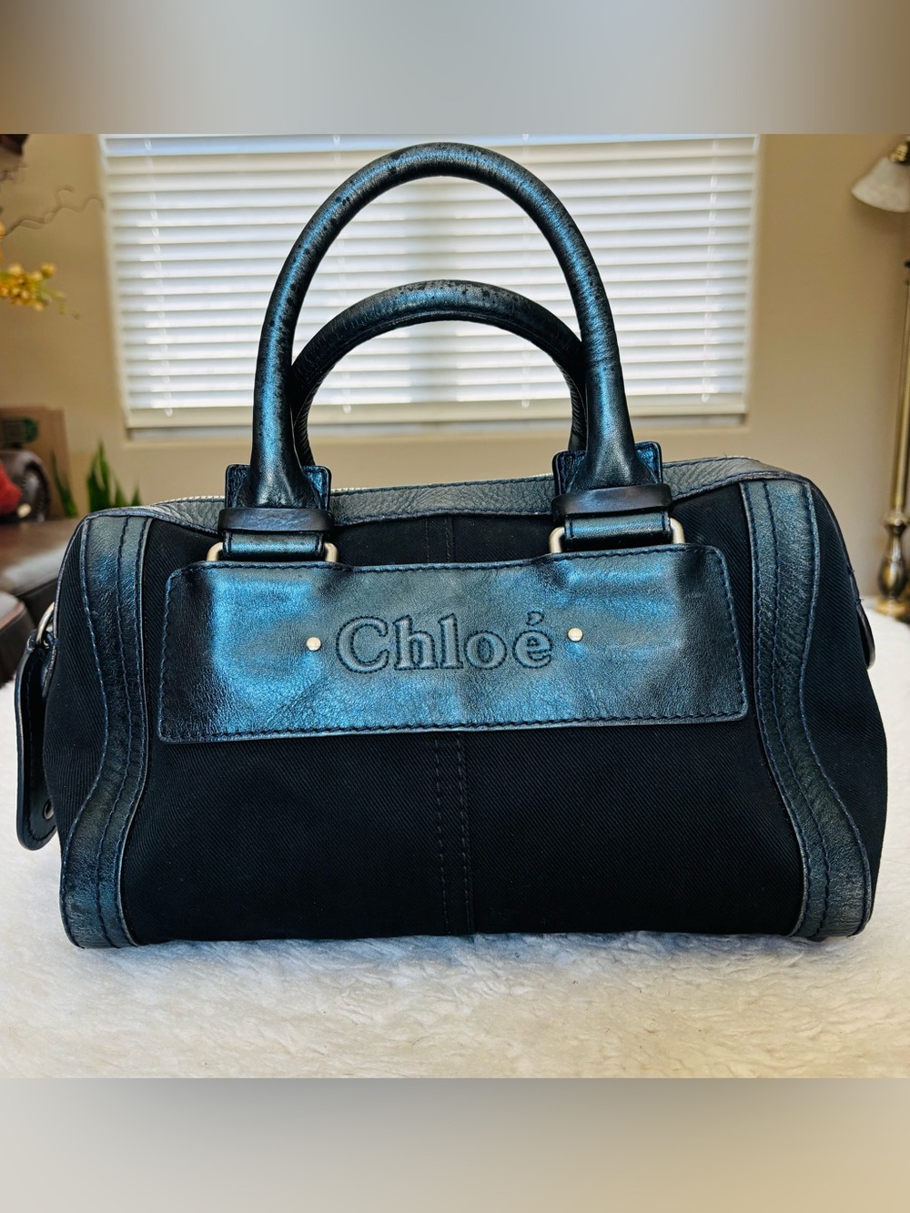Chloe Metallic Blue Leather Black Canvas Handbag/Duffle Bag 12”x8”x7” - Picture 2 of 16